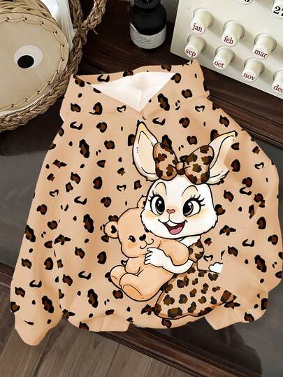 SHEIN 女婴 Happikins 复古可爱卡通兔子豹纹卡其色复古甜美森风休闲宽松舒适柔软针织连帽套头衫，适合秋冬季节、圣诞派对、舒适季节、圣诞氛围、圣诞礼物、秋冬季轻松舒适、秋冬季叠穿、时尚休闲、印花上衣、新款、秋季新款、冬季时尚