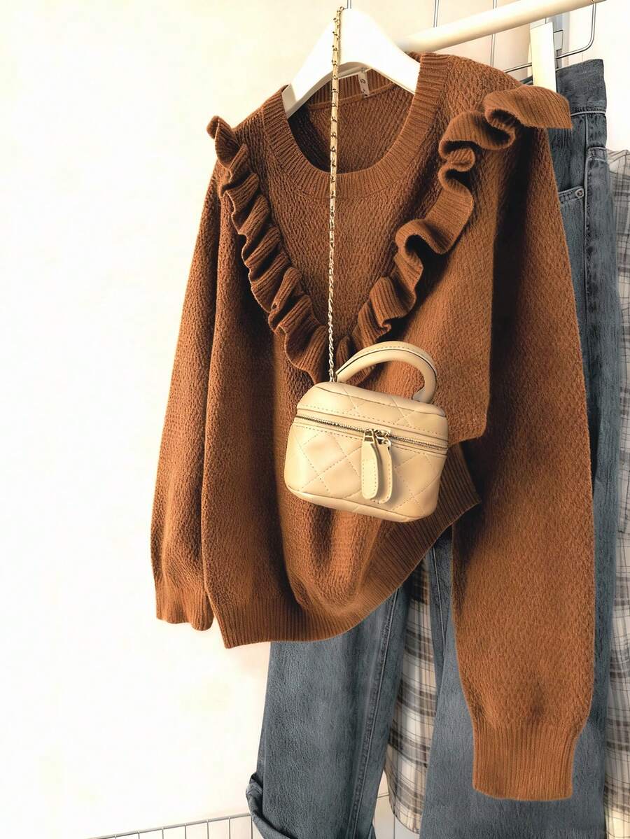 SHEIN Clasi 大码女式休闲日常通勤简约纯色荷叶边宽松套头毛衣,秋冬款 - 咖啡棕 - 查看 1
