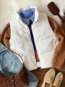 Comfortcana Chaqueta sin mangas con cuello alto y cremallera, de tela texturizada de unicolor, para uso casual y diario, para mujer, otoño/invierno, Navidad - Blanco - Ver 1