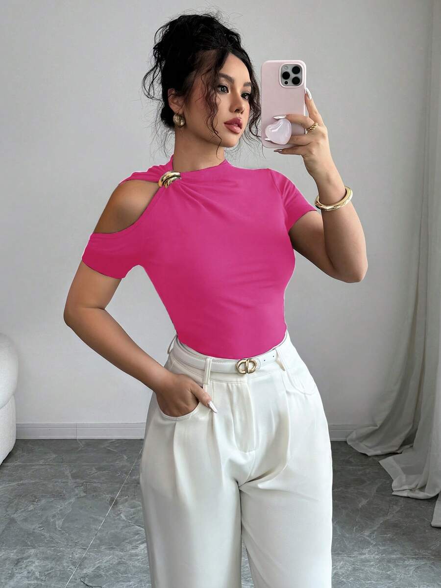 Selianne 女士优雅通勤纯色露肩短袖T恤 - 玫紅色 - 查看 1