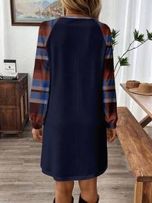 SHEIN LUNE Chic Plaid Patchwork Long Sleeve Short Dress For Women Comfortable Fabric Round Neck - White - View 5