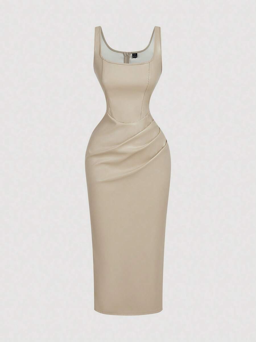 SHEIN MOD 女士优雅卡其色修身PU连衣裙,适合通勤 - 卡其色 - 查看 1