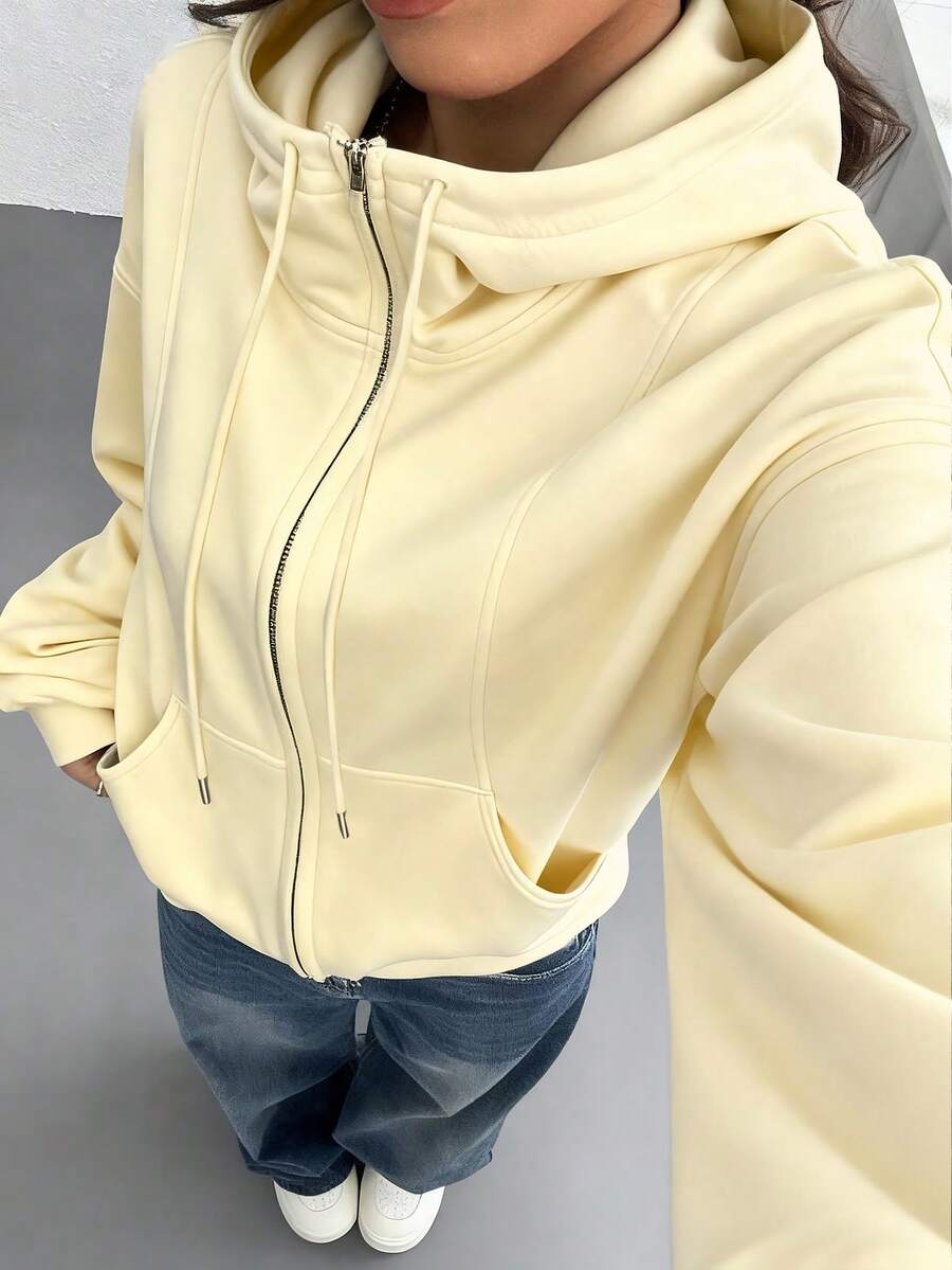 SHEIN EZwear 女士前拉链长袖口袋卫衣，简约休闲，适合毕业、教师、秋冬返校季穿着。 - 杏色 - 查看 1