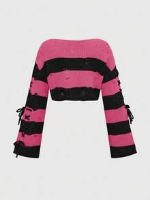 ROMWE Side Lace-Up Halloween Orange & Black Striped Cropped Knit Top - Multicolor - View 2