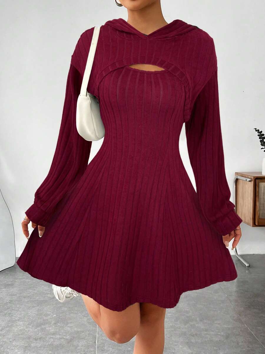 SHEIN EZwear 女士休闲纯色无袖连帽迷你连衣裙两件套,秋季 - 酒紅色 - 查看 1
