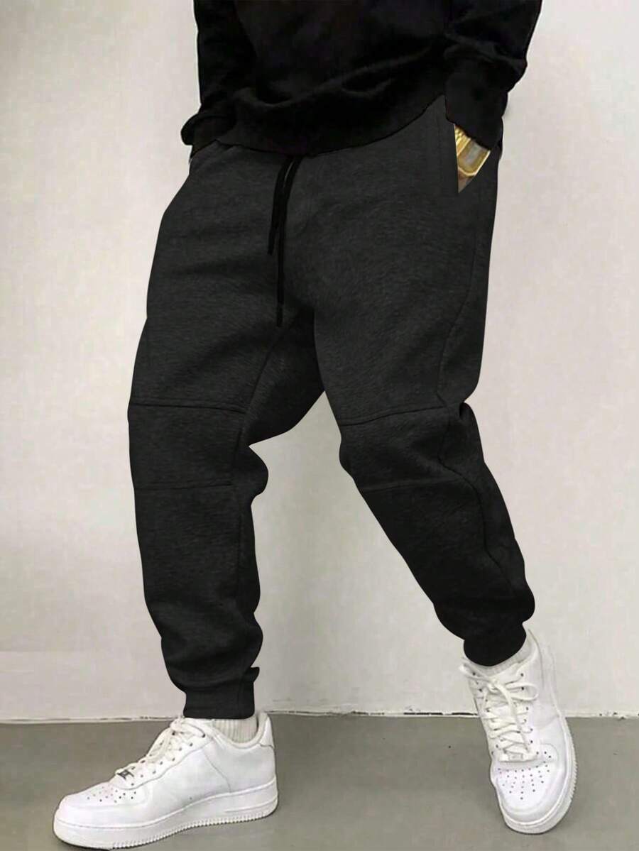 Manfinity Homme Quần chạy bộ nam trơn màu, cạp chun co giãn, cạp rút - màu đen - Xem 1