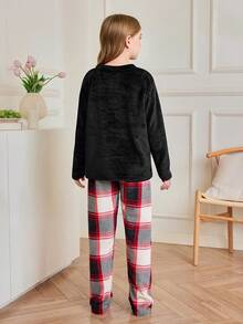 SHEIN 2pcs Girls Flannel Plaid Print Pajama Set, Long Sleeve Top And Pants