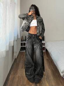 StreetHx Fashionable Casual Street Style Distressed Denim Open Front Button Up Jacket - Black - View 7