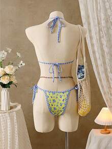 Swim Mod Women's Elegant Sweet Floral Plaid Trim Backless Bikini Set, 2pcs, Suitable For Spring/Summer - Multicolor - View 6