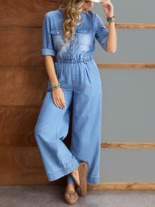 EMERY ROSE Women's Vacation Casual Waist Cinched Denim Jumpsuit