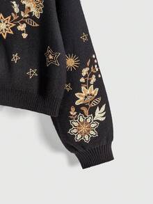 ROMWE Cárdigan de punto con bordado floral místico de hippie en talla grande