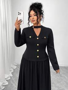 SHEIN Elenzya 大码女士优雅黑色系列长袖两件式雪纺连衣裙，配金属扣，秋季款 - 黑色 - 查看 4