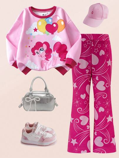 My Little Pony X SHEIN 2pcs/Set Young Girl Cute Pink Pony, Rainbow, Balloon, Cloud Print Round Neck Drop Shoulder Long Sleeve Sweatshirt & Heart All-Over Print Flare Pants Knit Pink Sweatsuit