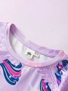 My Little Pony X SHEIN 少女夢幻甜美滿版印花針織圓領淺紫色上衣與長褲秋冬睡衣套裝 薰衣草紫色睡衣套裝 少女獨角獸睡衣套裝 - 淡紫色 - 查看 3