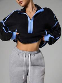 Dewbera Casual Versatile Colorblock Personalized Fleece Pocket Zipper Sweatshirt Fleece Sweatshirt Color Block Sweatshirt Half Zip Sweatshirt Blue Trim - Multicolor - View 2