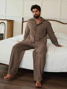 DAZY Men's Autumn Lapel NeckLong Sleeve Single-Breasted Shirt And Pants Pajama Set - Coffee Brown - View 5