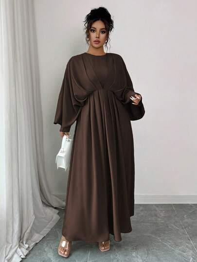 Elenzga Elegantes, minimalistisches Maxikleid in Große Größen für Damen, geeignet für Büro, Pendeln, Strand, Musikfestival, Nachmittagstee, Derby, Regatta, einfarbig mit Rundhalsausschnitt, 2-in-1 Taille mit Rüschensaum, Fledermausärmel, A-Linie, Frühling/Sommer