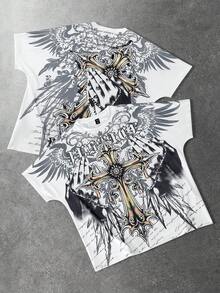 ROMWE MEN 男士字母十字印花圆领短袖休闲T恤 - 白色 - 查看 1