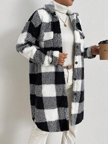 Chiquease Women's Plaid Drop Shoulder Long Sleeve Single-Breasted Casual Fleece Jacket, Autumn/Winter - Black and White - View 3