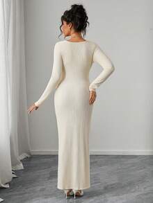 Momance 孕妇时尚优雅不对称金属环装饰连衣裙 - 杏色 - 查看 2