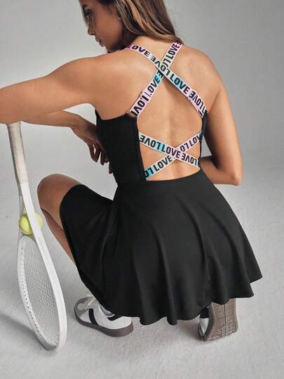 With My Calm With My Calm The 2 In 1 Anti-Exposure Casual Elegant Golf Tennis Dress, Sleeveless Everyday Basic New Stylish Waist-Tie Advanced Slimming Sexy Figure-Flattering College-Style Beautiful Back Tight-Fitting Sports Fitness Tie-Waist Yoga Dress
