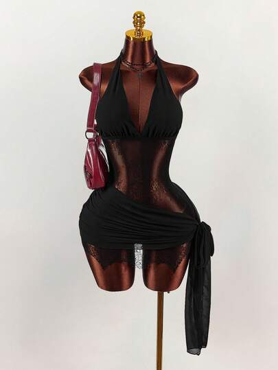  Y2K Amplova Women's Lace Sheer Mini Dress, Suitable For Party And Banquet, Wrap Hem Ruffle Hem, Plunging Neck Mesh Contrast Lace, Cute For Autumn/Winter, New Year Sexy Club Dress Black See Through Dress Christmas Outfit For Women New Year Dress