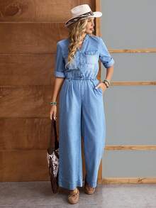 EMERY ROSE Women's Vacation Casual Waist Cinched Denim Jumpsuit