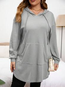 SHEIN LUNE Áo sweatshirt nữ cỡ lớn màu trơn tay dài vai rớt có túi kangaroo, dây rút, kiểu dáng rộng rãi thoải mái/mùa đông - Màu Xám nhạt - Xem 1