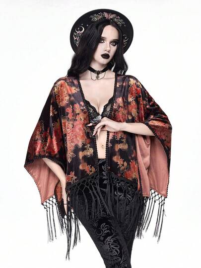 Goth Vintage Floral Print Velvet Asymmetrical Tassel Hem Women Cardigan Shawl