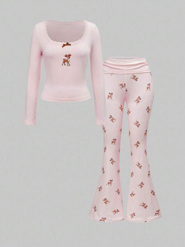 ROMWE J-Fashion Blusa de encaje bordada con diseño de ciervos a juego con pantalones acampanados con estampado de ciervos, otoño/invierno