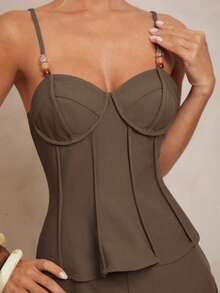 Lumalex Beaded Strap Decor Loose Women Top And Wide Leg Pants Suit Set - Brown - View 2