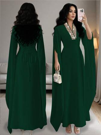 Rafferiza Damklänning i enfärgad, elegant och värdig, V-ringad, broderad krage, slits och långärmad, lämplig för bankett, vardagskläder, enkel