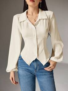 Heiryn Women's Solid Color Lantern Sleeve Single-Breasted Shirt With Waist Tie Long Sleeve Blouse Cream Blouse Cinched Waist Top - Apricot - View 3