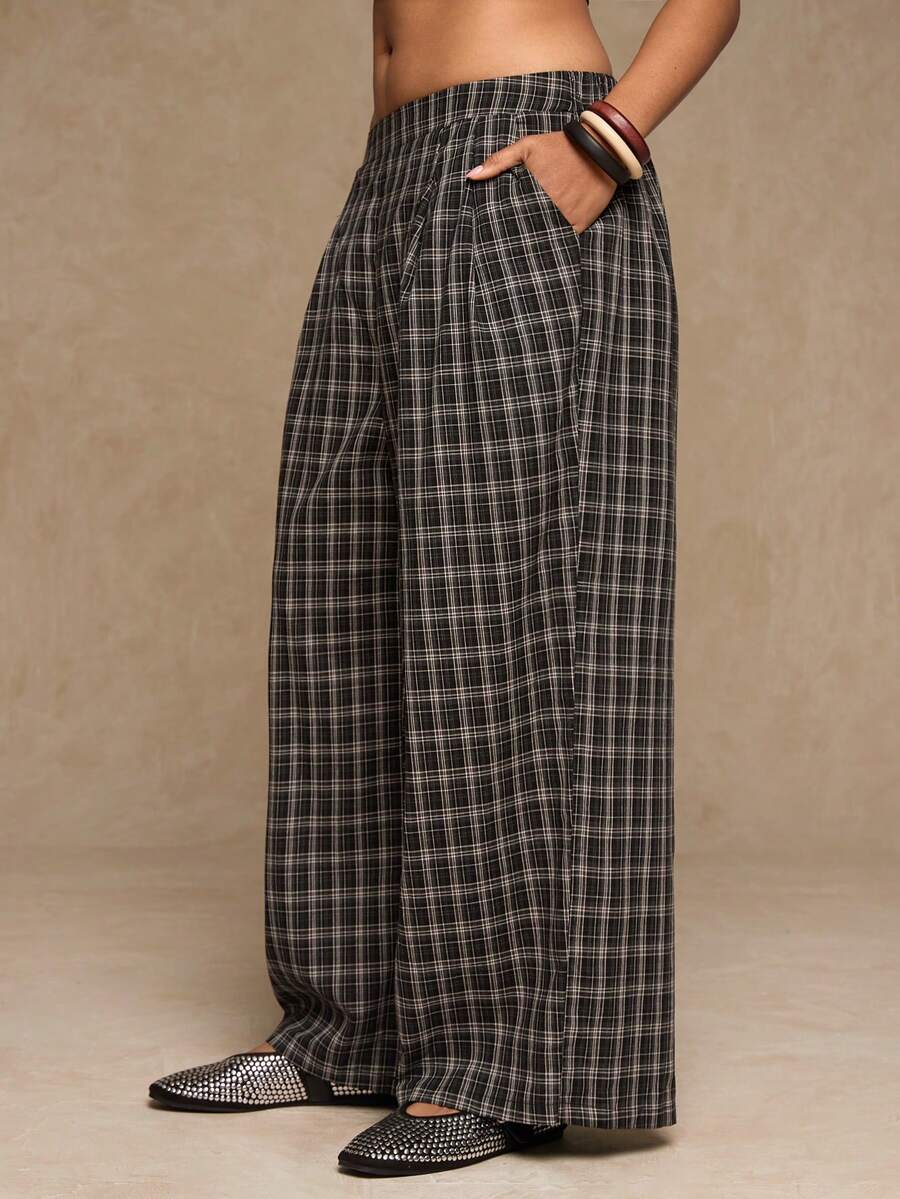 Freevana Karohose in Übergröße, modische Palazzo-Hose mit Falten und Taschen, locker geschnitten, gerades Bein, karierte Palazzo-Hose, Damen-Western-Gothic-Kleidung