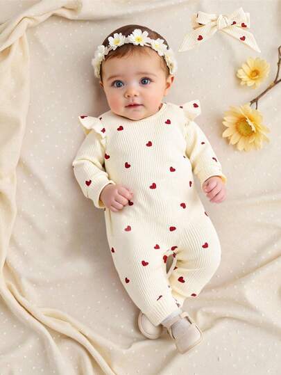 SHEIN Valentinstag Baby Jumpsuit mit Herz Muster, gemütlicher gestrickter Lässig Romper mit Stirnband im Set