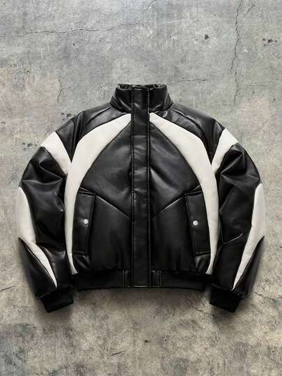 AXEPEAK 男士时尚撞色 PU 皮革拼接高领长袖夹棉大衣，秋冬