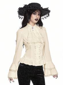 ROMWE Vintage Palace Style Gothic Detachable Ruffle Tie Collar, Baroque Crystal Pendant, Bell Ruffle Sleeve Cinched Waist Women Blouse - Apricot - View 6