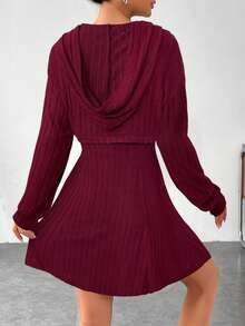 SHEIN EZwear 女士休闲纯色无袖连帽迷你连衣裙两件套，秋季 - 酒紅色 - 查看 2