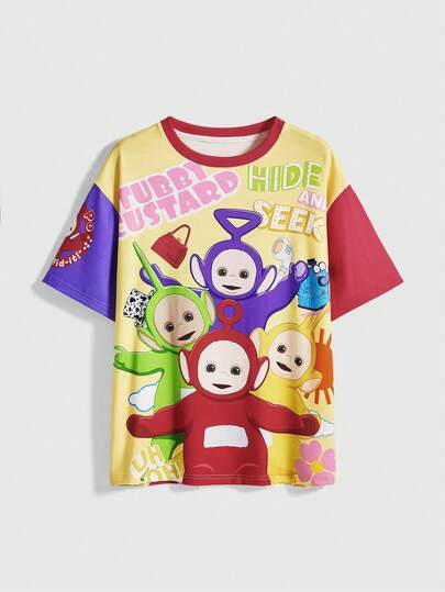 Teletubbies X ROMWE Women's Cute Retro Y2K Colorblock Cartoon Pattern Loose T-Shirt