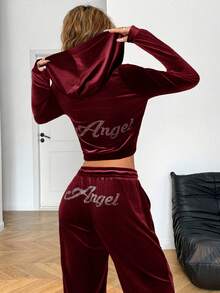 SHEIN EZwear Wine Rhinestone Embellished Hoodie & Pants Tracksuit Set For Women Two Piece Set Women Comfy 2 Piece Lounge Sets Woman 2 Piece Casual Sets Woman Sexy 2 Piece Sets Woman Burgundy Set - Burgundy - View 2