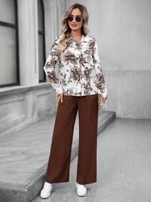 EMERY ROSE 女士印花长袖衬衫和裤子休闲两件套 - 棕色 - 查看 8