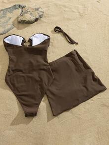 SHEIN Swim Women's Solid Color One-Piece Metal Decor Swimsuit & Skirt 2 Pieces Set, Spring/Summer - Brown - View 3