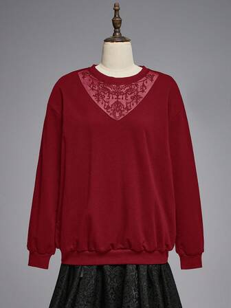 Grunge Punk Felpa girocollo con maniche a goccia e ricamo a motivo floreale in stile gotico per donna