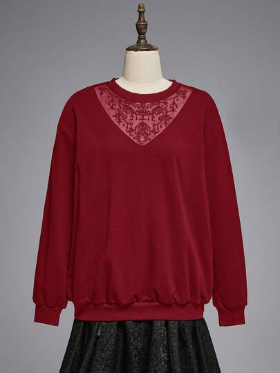 Grunge Punk Sudadera de cuello redondo, hombros caídos y manga larga con bordado de vid en estilo gótico para mujer