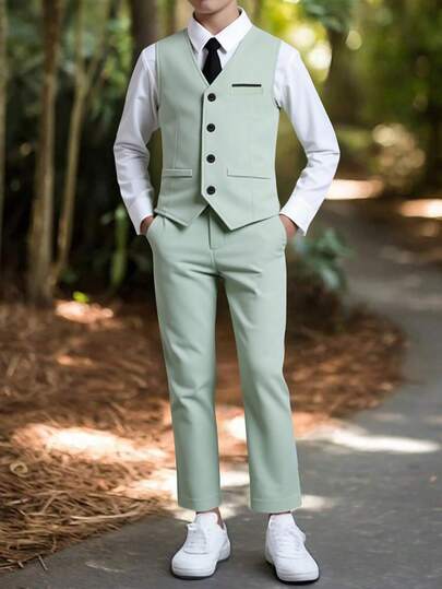SHEIN 2 piezas Traje formal de estilo coreano para niño preadolescente de primavera/verano, incluye chaleco suelto asimétrico y pantalones rectos casuales, adecuado para fiestas, presentaciones, recitales de piano, reuniones, pasarela, bautizo, negocios, cumpleaños, boda, graduación