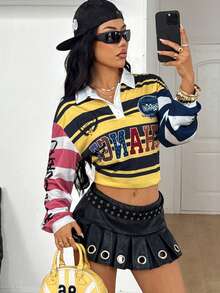 Coolane Women's Winter Clothes Streetwear Going Out Casual Y2K Striped Graphics Sport Loose Long Sleeve Polo T-Shirt - Yellow - View 4