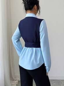 Resyla Women's Spring/Autumn Blue Contrast Color 2 In 1 Tie-Less Fitted Casual Commuter Daily Long Sleeve Shirt Tie Up Shirt Bow Shirt Women Blouses Elegant Navy Blue Blouse Professional Blouse - Blue - View 2