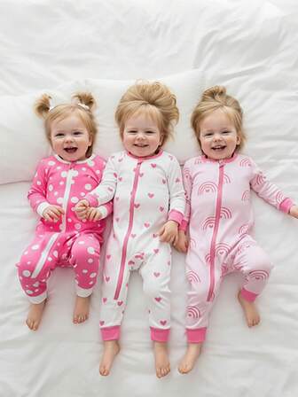 3pcs Baby Girl Knitted Crew Neck Heart, Rainbow, Polka Dot Pattern Colorblock Romper Set, Long Sleeve Jumpsuit & Pants, Casual Loungewear, Autumn/Winter