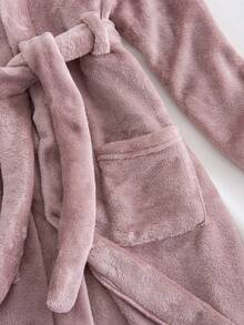 Genkimix Kids Tween Girl Elegant Lotus Pink Flannel Fabric Minimalist Embroidered Bowknot Hooded Long Sleeve Maxi Dress With Belt, Comfortable Loungewear Robe - Dusty Pink - View 5