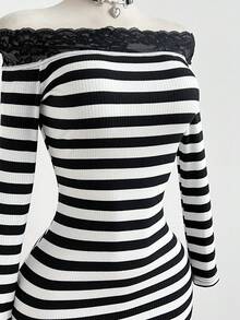 SHEIN Unity 女士优雅修身连衣裙，露肩长袖，休闲百搭通勤装，条纹面料配蕾丝边，秋冬款 - 彩色 - 查看 4